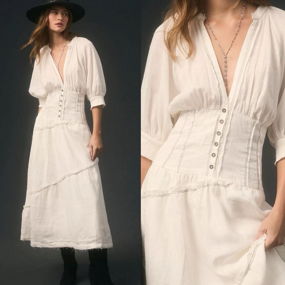 Anthropologie Cream Midi Dress with Corset-Style Waist